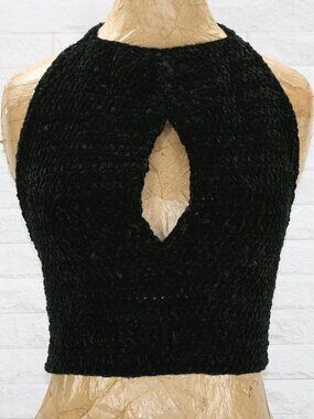 HAND CRAFTED Crop Top Crochet Chenille Halter Bikini Keyhole Cut Out Black